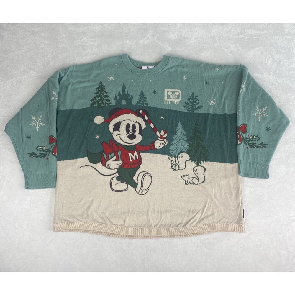 Disney Spirit Jersey Mickey Mouse Christmas Sweater XXL 2XL Green Beige